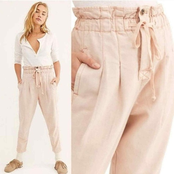 Free People Margate Pleated Trouser Pants Medium Pink paper bag cotton casual - Picture 1 of 14